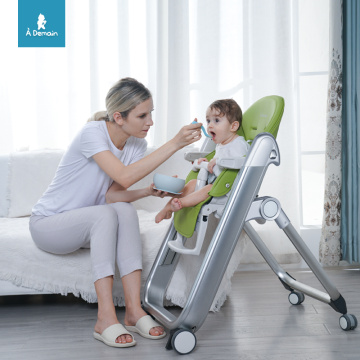 A Demain Baby High Chair with Wheels