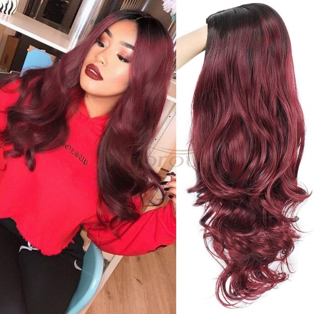 Vigorous Fiber for Women Long Curly Ombre Black to Red Wavy Synthetic Party Middle Part Cosplay Full Wigs