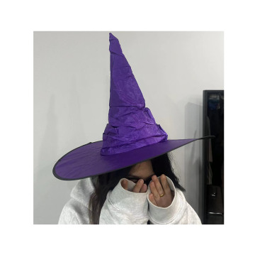 Halloween Witch Hat with Black Pleats, Curved Horn, and Colorful Decorations