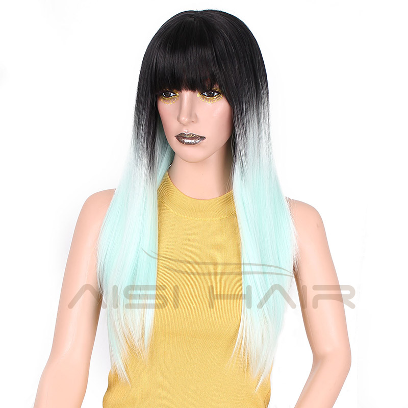 Aisi Hair Wholesale Cheap Cosplay Synthetic Silky Straight Hair Wigs With Neat Bangs Long Ombre Blue Color Wigs For Black Women