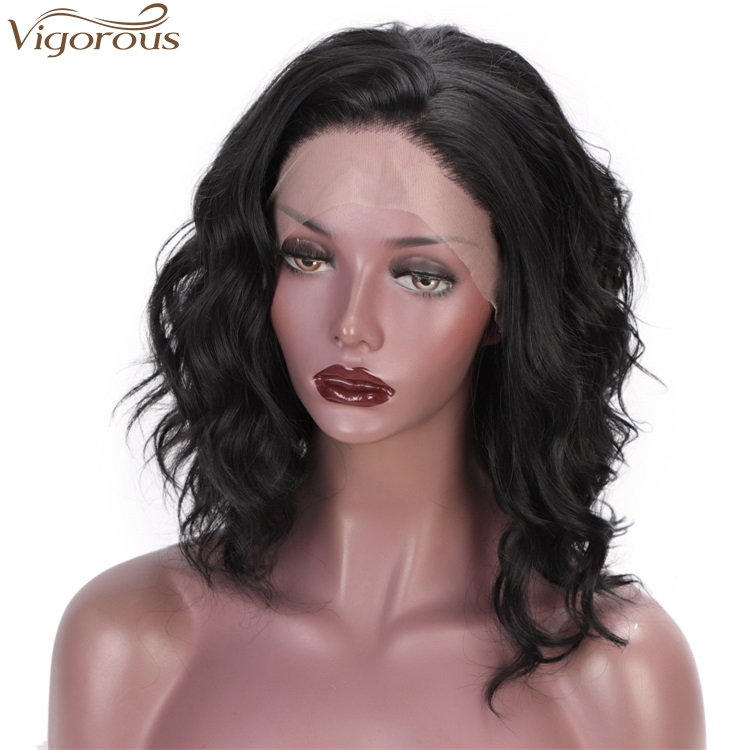 Vigorous Short Bob Wavy Lace Front Wigs for Women Natural Black Synthetic Wig Middle Part Heat Resistant Wigs Wholesale Price