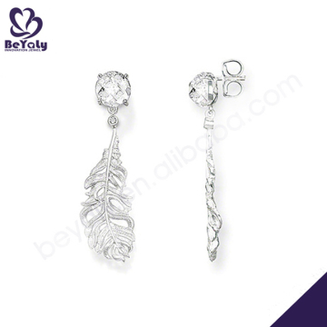 Shiny cz 925 silver feather earrings for men