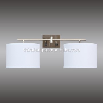Small MOQ brushed nickel outlet wall lamp with two on/off rocker switches at back plate white linen hardback shades for hotel
