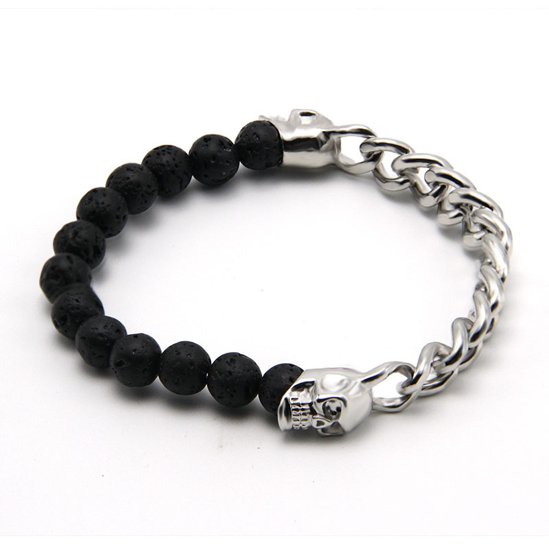 Black Vocalnic Lava Stone Bead Chain Steel Franco Chain Bangle Bangle Bracelet Vintage Skull Charme, hommes