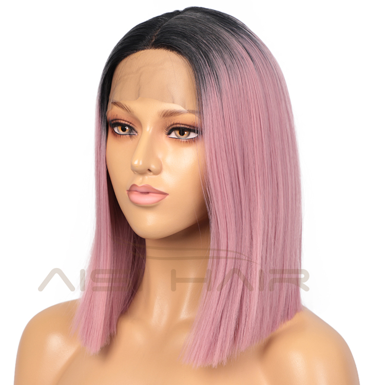 Aisi Hair 14 Inch Short Bob Ombre Pink Dark Root Wig Swiss Lace Wig Cosplay Synthetic Lace Frontal Wigs For Black Women