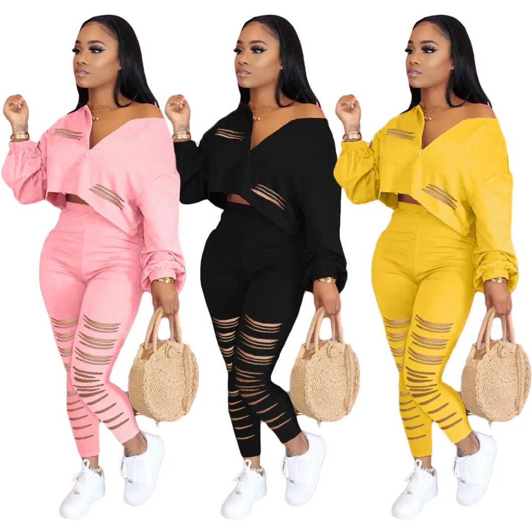 Female Fashion Fitness Two Pieces Sets Autumn Full Sleeve Zipper V Neck Hollow out Tops and High Waist Suits