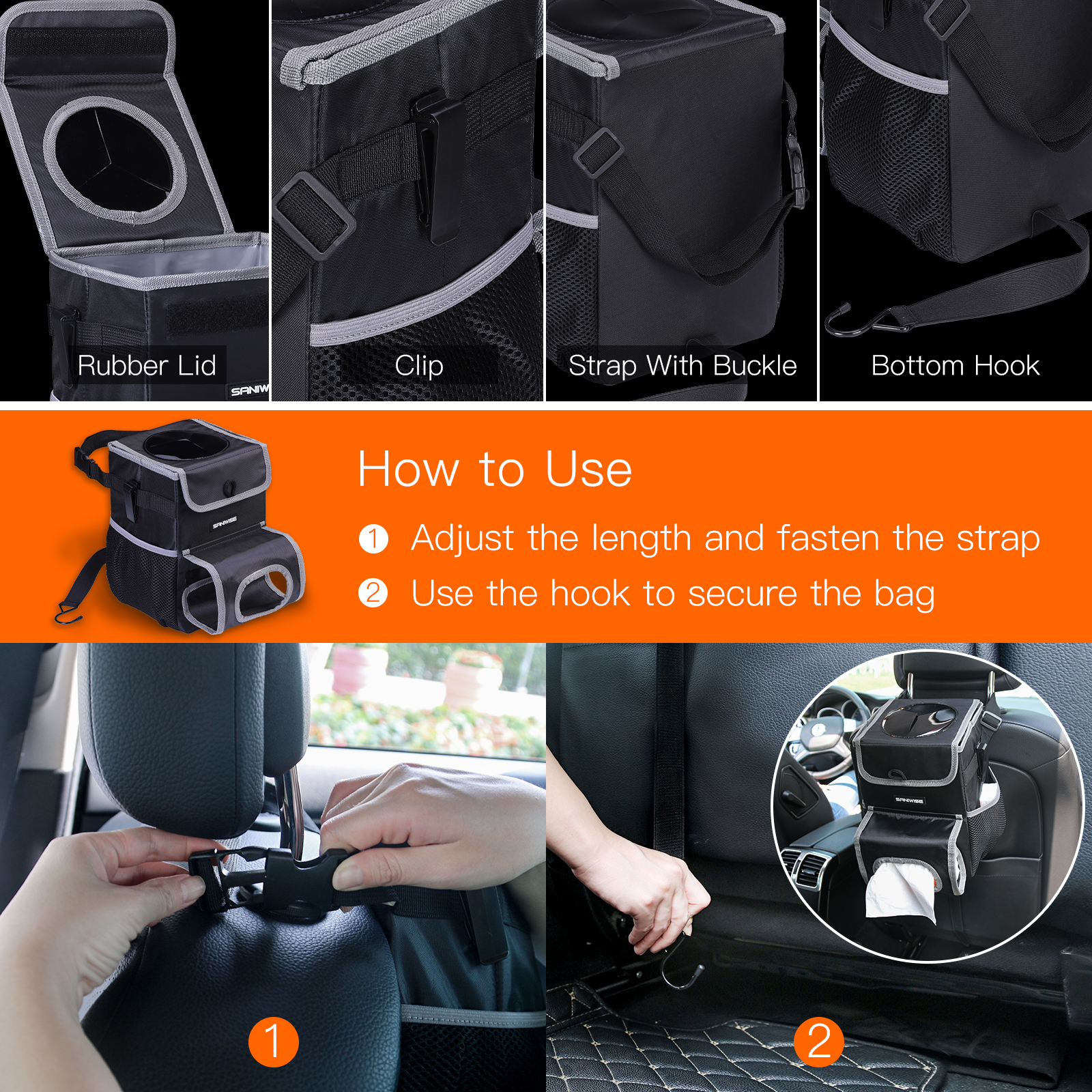 2020 new design car seat organizer with lid and storage, car dust bin car garbage can