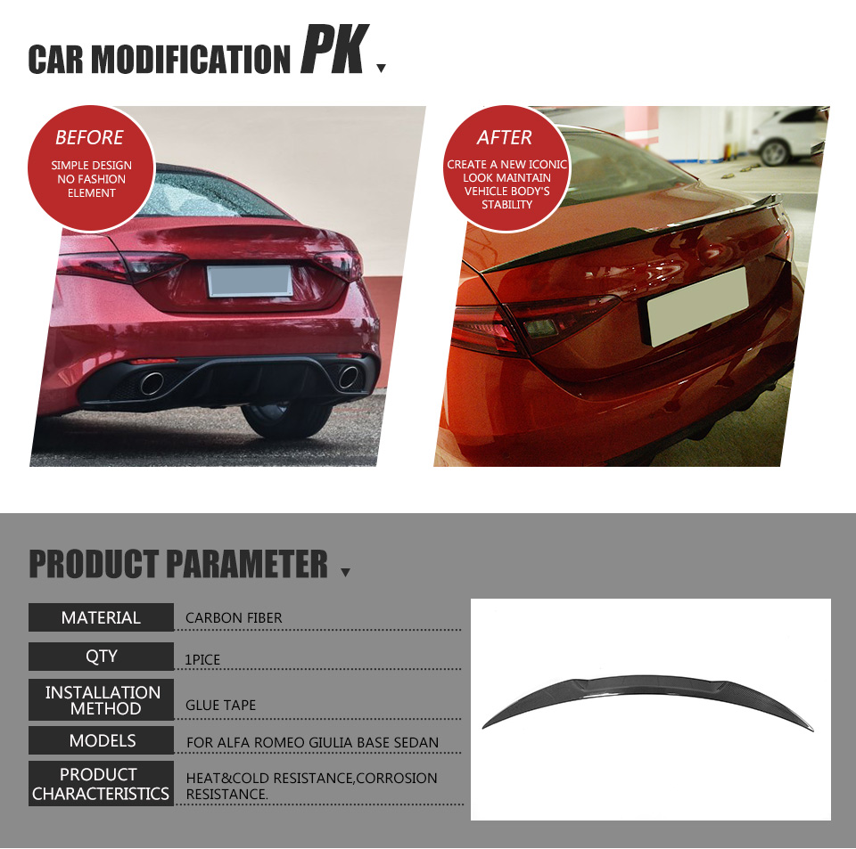 Carbon Fiber Giulia Rear Spoiler for Alfa Romeo Giulia Quadrifoglio Style Sedan 4-Door 2015-2017