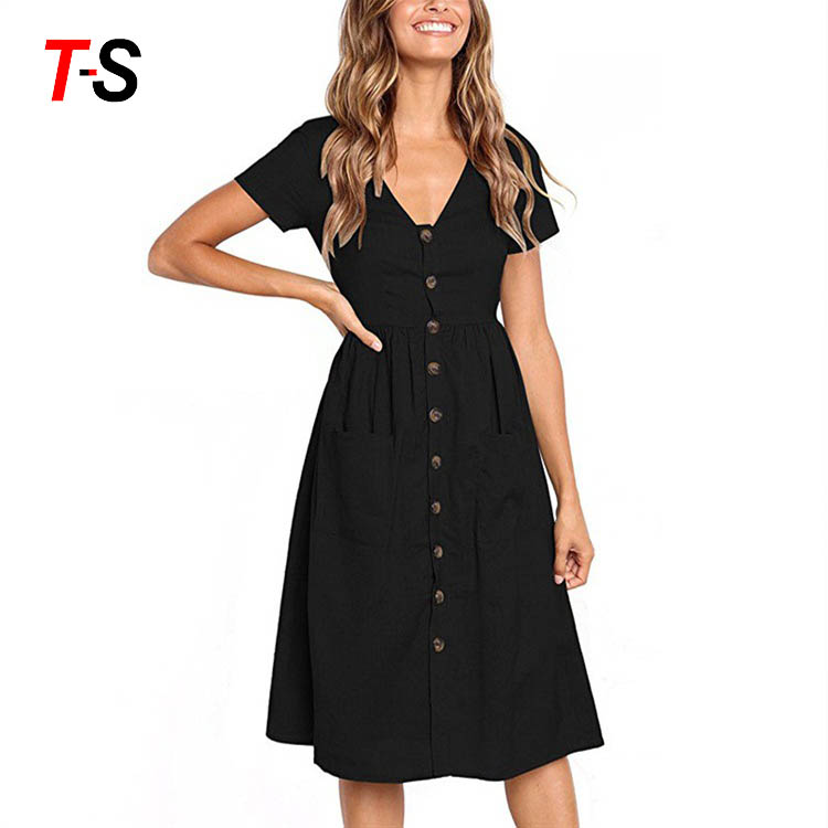 9 colour summer fashion V-collar button pocket Short Sleeve Dress