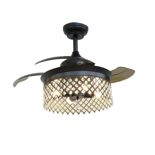 Retractable Ceiling Fan with Bulbs and Crystal Lampshade