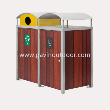 2 compartment recycling waste bin metal and wooden recycle bin