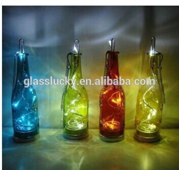 2016 wholesale glass wine bottle candle holder with LED string lights