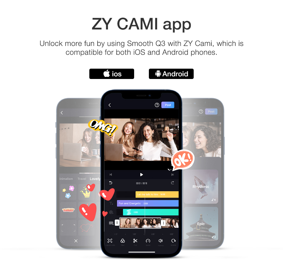 In stock foldable ZHIYUN Smooth Q3 Smartphone Gimbal Stabilizer with rotatable fill light and magic cloneMe pano