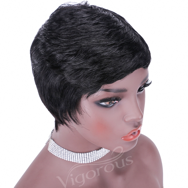 Vigorous Pixie Cut 100% Full Machine Brazilian Human Hair For Woman Short Finger Wave Natural Fluffy Wigs