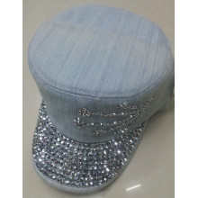 Jeans cotton flat top military cap with rhinestone for men/women