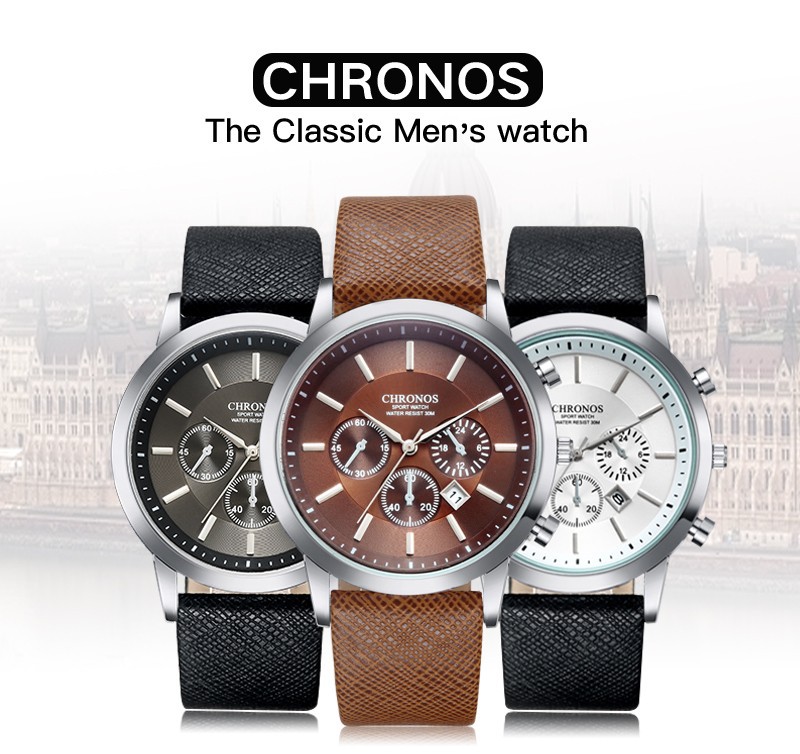 CHRONOS CH04 Quartz Watch Men Watches Chronograph Wristwatch Business Fashion Wristwatches Leather Strap Relogio Masculino