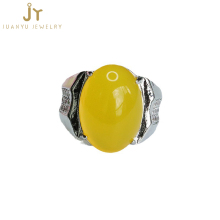 Vintage Silver Plated Brass Rings with Natural Yellow Agate and Chalcedony Gemstones