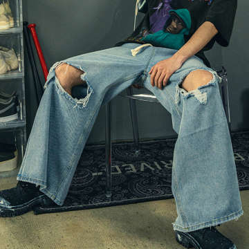Washed Ripped Jeans Tie Loose Wide Leg Pants