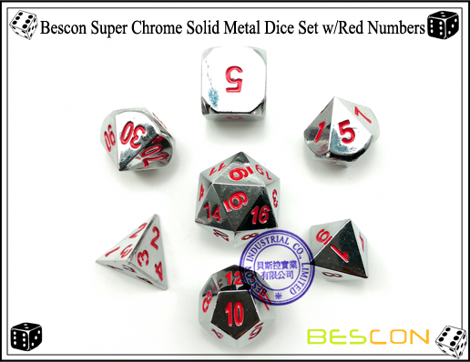 Bescon Super Chrome Solid Metal Dice Set with Red Numbers-3