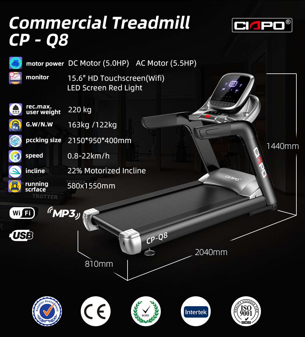 Commerical GYM equipment 2.0 AC motor Treadmill Running Machine Large Running Belt