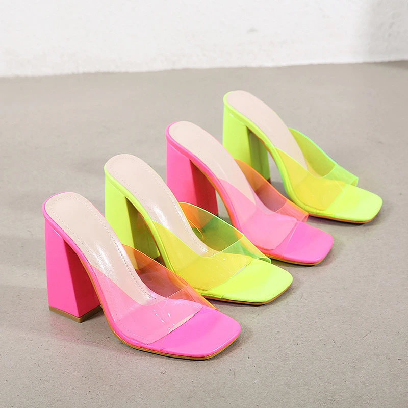 Summer Hot Style Women's Shoes Square Toe Thick Heel Fluorescent Color Transparent Sandals