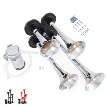 Super Loud 12V Air Horns: 150DB 4 Trumpet Horns with Electric Solenoid for Train, Truck, and Boat Applications - Chrome Metal Finish