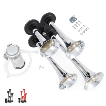Super Loud 12V Air Horns: 150DB 4 Trumpet Horns with Electric Solenoid for Train, Truck, and Boat Applications - Chrome Metal Finish