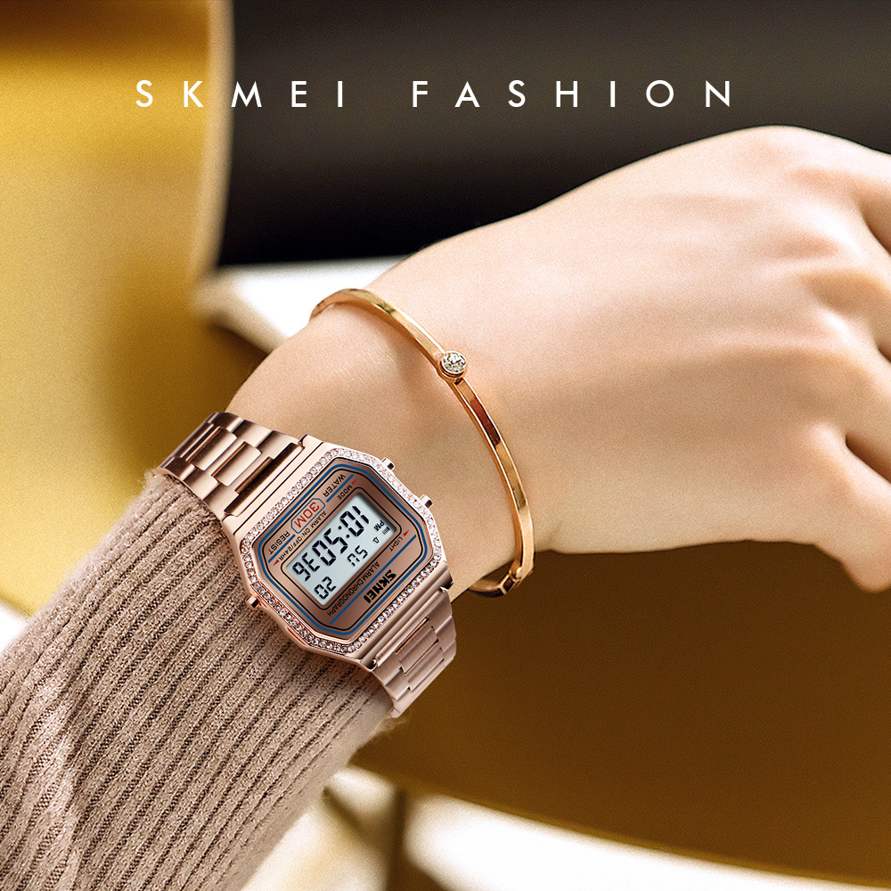 SKMEI 1474 Fashion Women Stainless Steel Digital Watch Diamond Alloy Electronic Wrist digital luxury gold watch