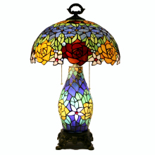 Tiffany Style Stained Glass Table Lamp - LongHuiJing Rose Flower Accent Light