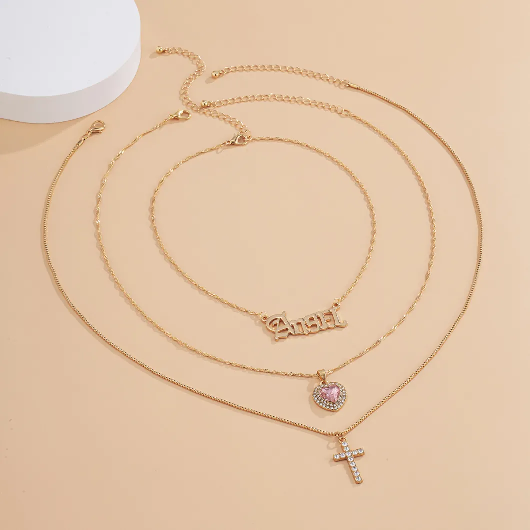 Wholesale Jewelry Fashion Alloy Letter Multi-Layer Cross and Heart Necklace