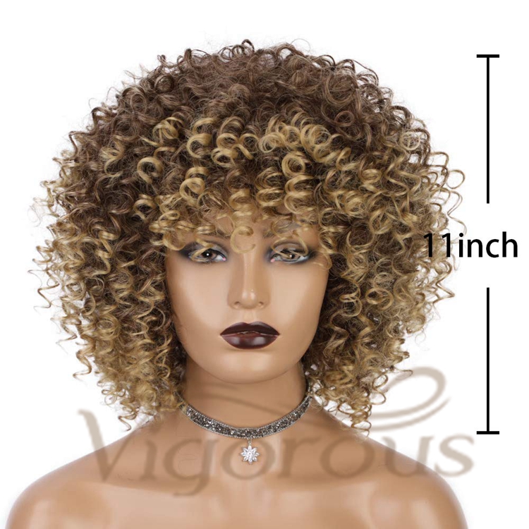 Vigorous Hot Selling Cheap Price Shoulder Length Kinky Curly Fluffy With Bangs Ombre Brown For Black Women Synthetic Hair Wigs