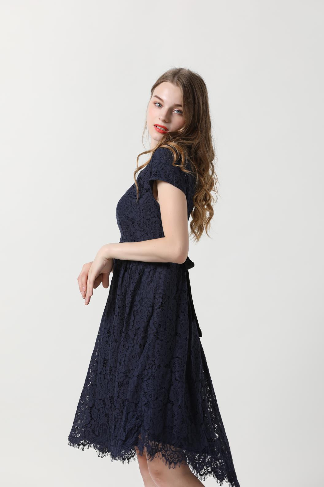 High Quality Women Floral Lace O-Neck Bridesmaid Dresses with Cap-Sleeve Formal Navy Party Dress Ladies Cocktail Dresses