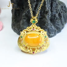 Wholesale Natural Stone Amber Pendant Necklaces with Zircon and Stainless Steel