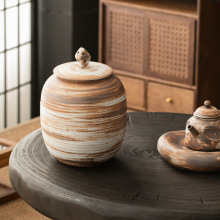Japanese Style Stone Top Coarse Pottery Tea Storage Jar