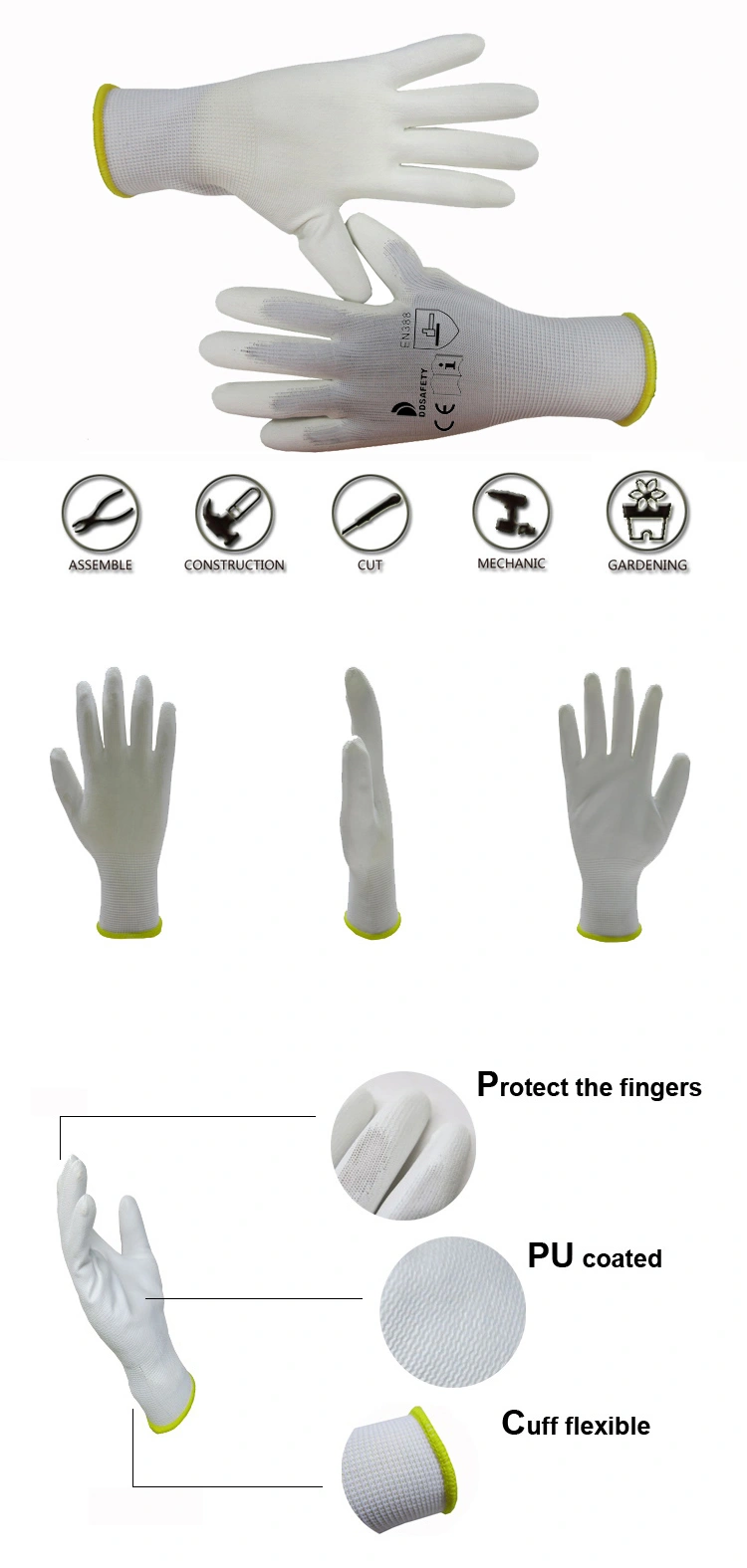 13 Gauge White Nylon Liner Knit Wrist White PU Coated Gloves