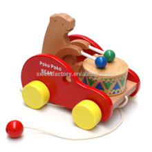 Funny pull string toy,Hot sale pull string toy with winnie drumming, Lovely wooden pull string set toy for children
