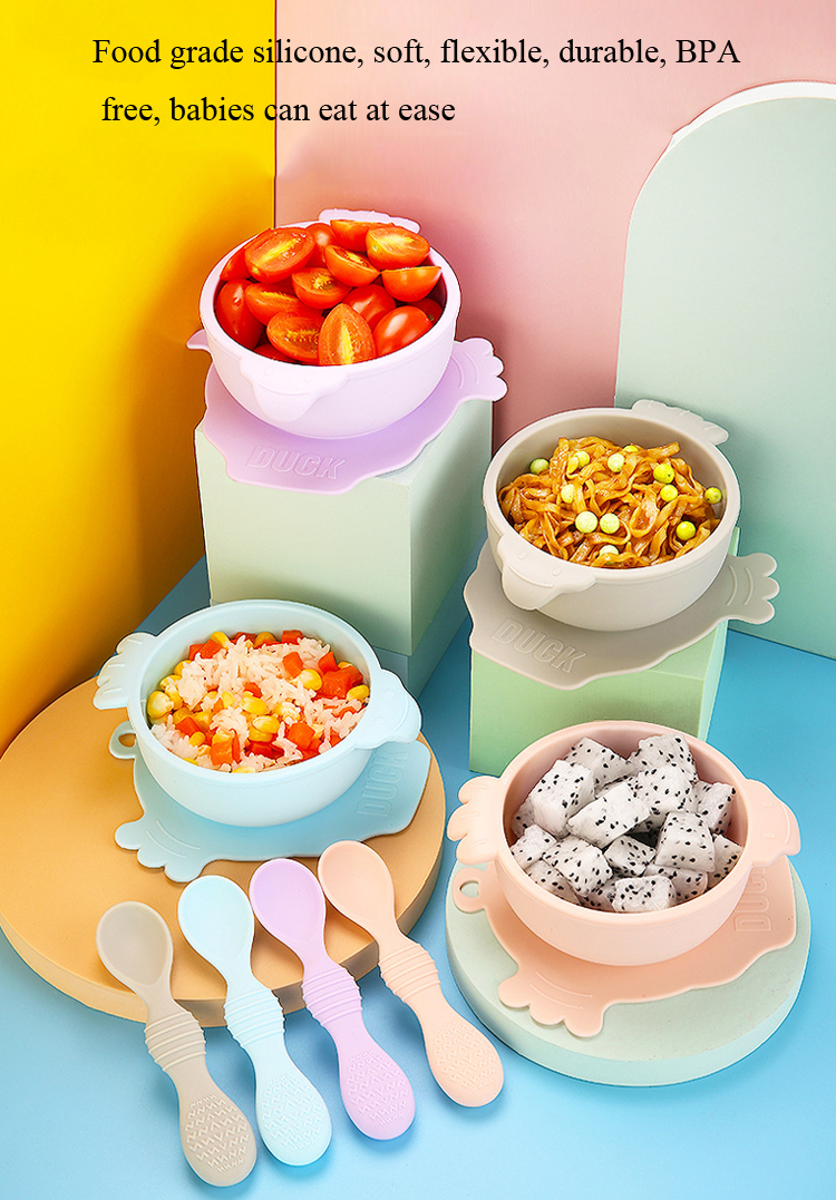 4 colors baby training eating sets silicone baby bowl spoon