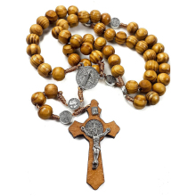 Gorgeous Wooden Beaded Catholic Rosary Necklace in Brown