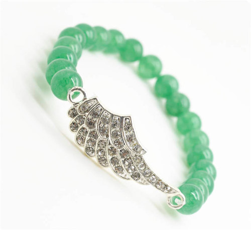 Pulsera de piedras preciosas de aventurina verde con pieza de ala de aleación Diamante