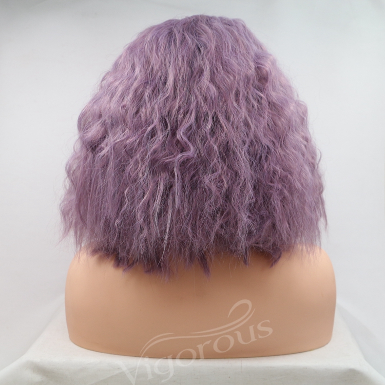 Vigorous mono bob purple premium high quality kinky curly short wholesale black women synthetic hair wigs with lace front