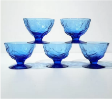 Set of 5 Blue Crinkle Glass Dessert Cups, Morgantown Seneca Driftwood, Footed Dessert Cups