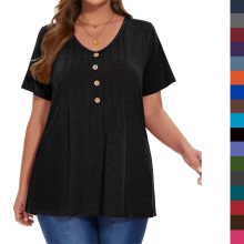 Women's Plus Size Casual T-Shirts: V-Neck, Pleated Button, Short Sleeve, and Trendy Tunics