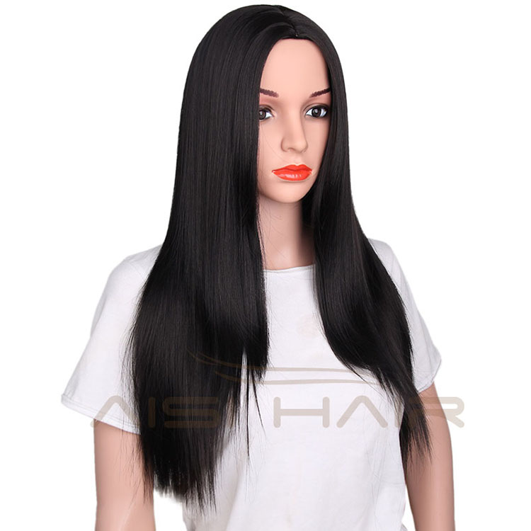 Good Quality Heat Resistant Fiber Wigs For Women Long Silky Straight Style Synthetic Black Color Wigs