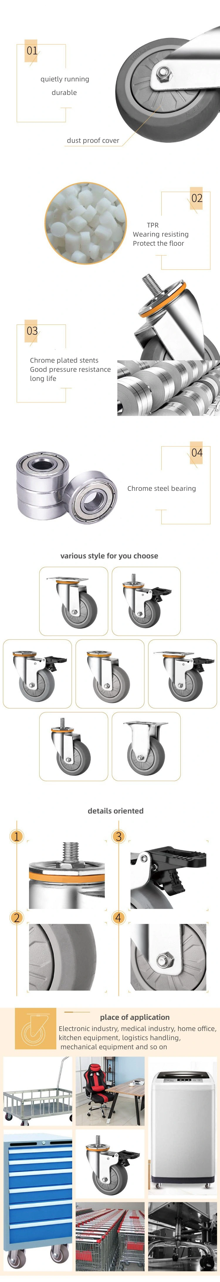 TPR Soft Rubber Screw Brake Casters for Indoor Floor Mute Castor