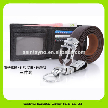 Promotion top grade leather wallet belt gift set 15025