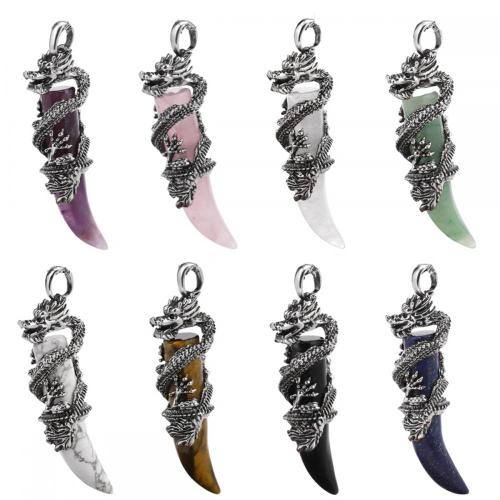 Crystal Wolf Tooth Wrapped Silver Dragon Stone Pendant Gemstone Wire Wrapped Dragon Pendants for Diy Jewelry Making Charm