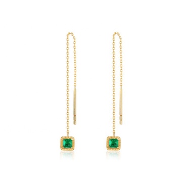 High Quality 14K Solid Gold Nature Emerald Chain Earrings