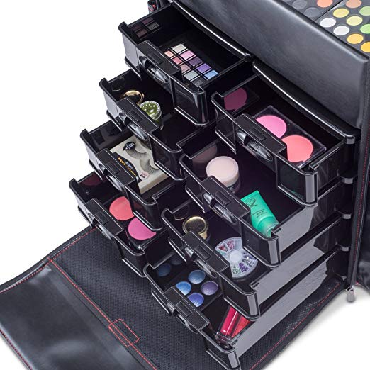 Makeup Artist Soft Rolling Trolley Cosmetic Case Trolley Makeup Case with Side Compartments and Brush Holders