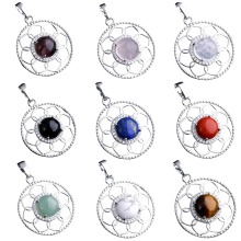 Gemstone Cabs Silver Circle Hollowed Alloy Pendant Natural Stone Rhinestone Charm Pendant for Diy Jewelry Making
