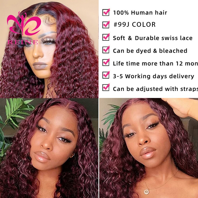 99J Colored Lace Front Human Hair Wigs Deep Wave Burgundy 13x4 HD Transparent Lace Frontal Wig Glueless Wine Red Wig For Women